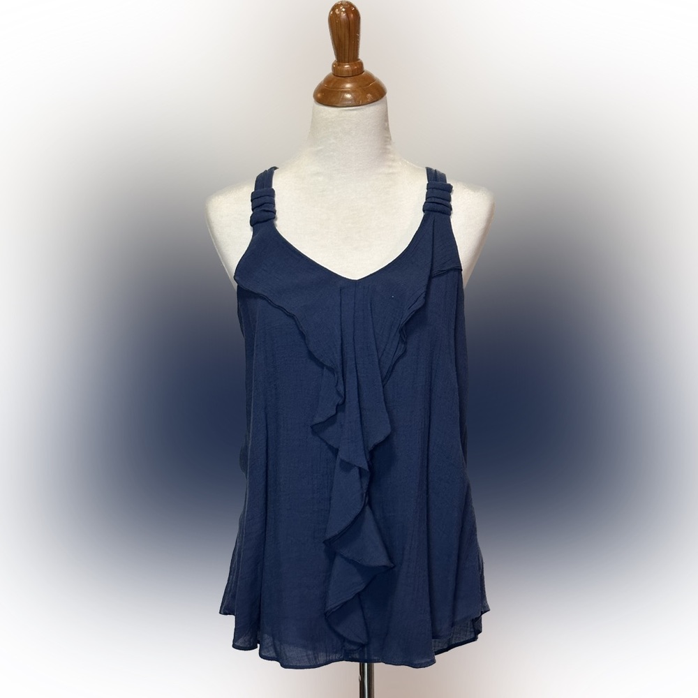 Womens Navy Blue Ruffle Trim Sleeveless Blouse Large - iZ Byer